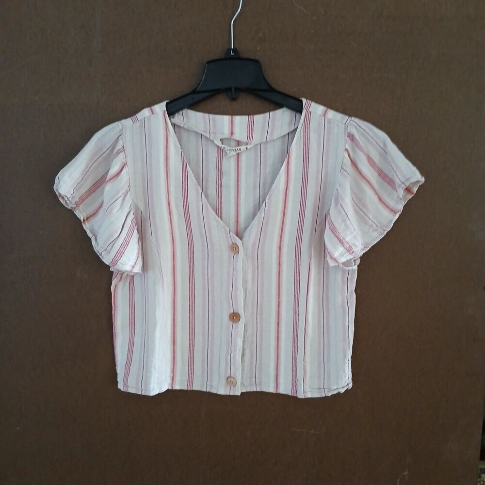 Vanilla Star Linen Short Sleeve Top Striped Comfy Casual Beachy Boho Tropical - Picture 2 of 10